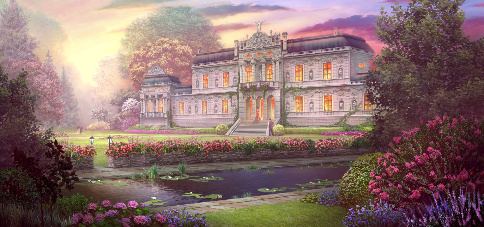 Artistic HD PC desktop wallpaper featuring a stately mansion surrounded by a lush garden with blooming flowers and a serene pond at sunset.