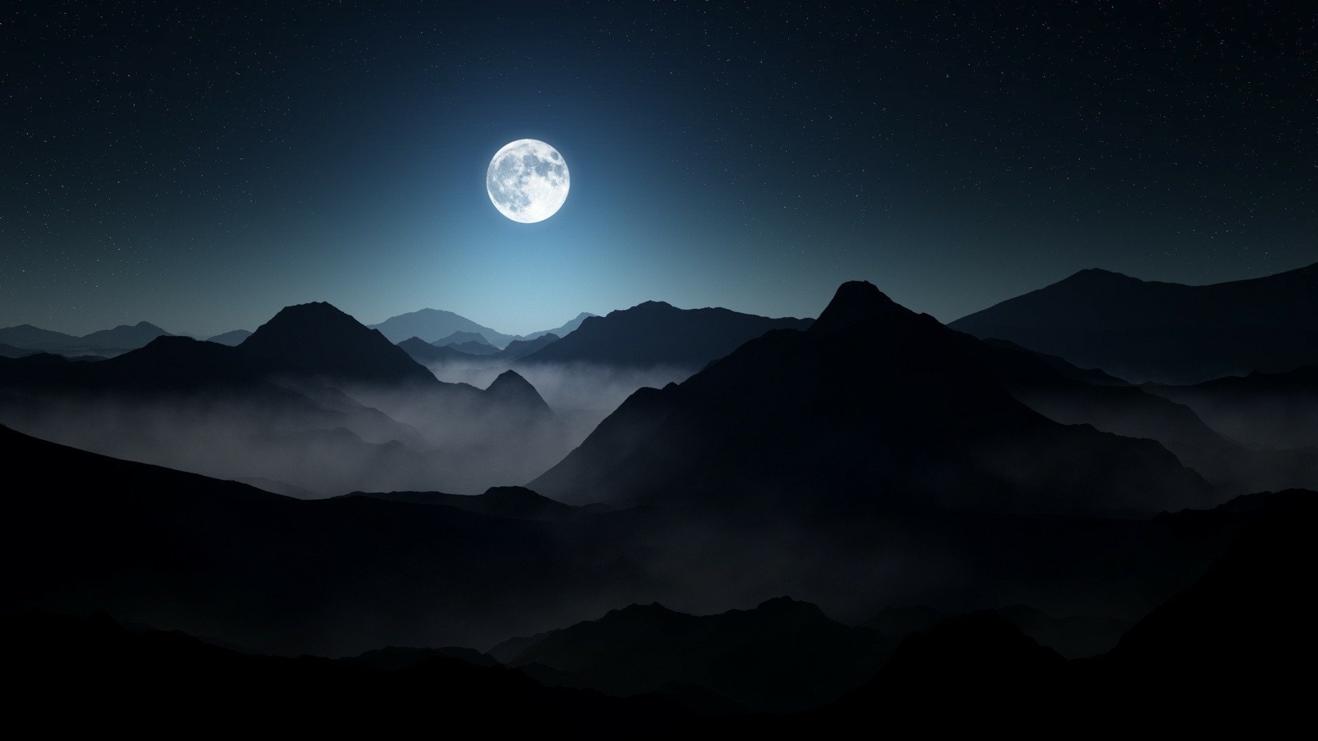 Moonlit Fog Over Mountains - HD Wallpaper