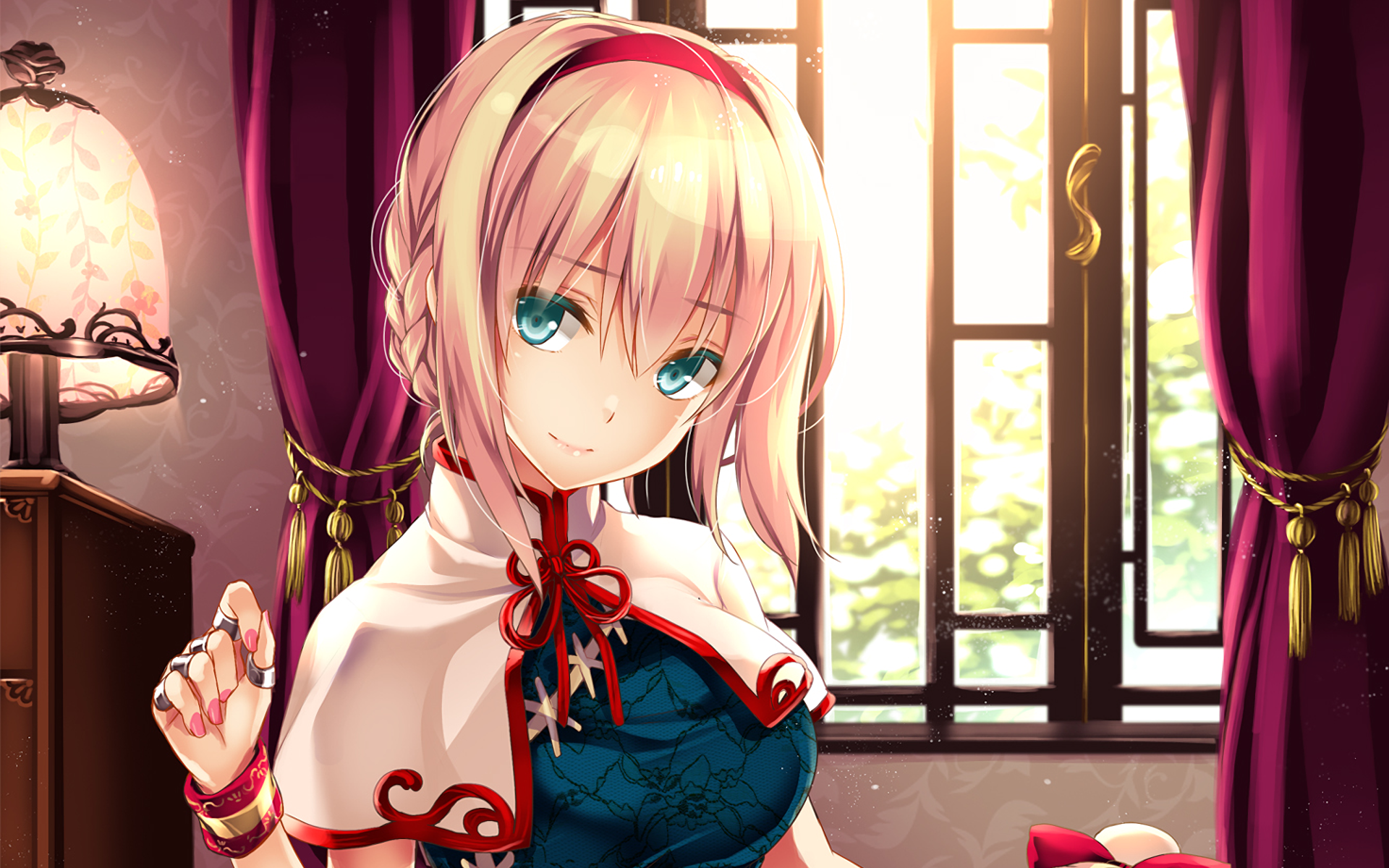 HD desktop wallpaper featuring Alice Margatroid from Touhou. The anime character with blue eyes, a smile, blonde short hair, and a headband stands in front of a window with purple curtains.