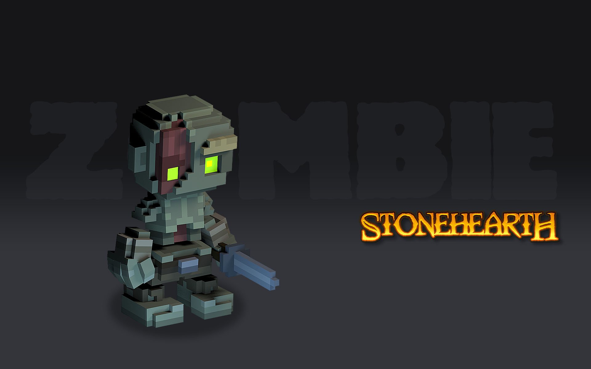 HD desktop wallpaper featuring a 3D pixelated zombie character from the game Stonehearth, with the game's logo displayed.