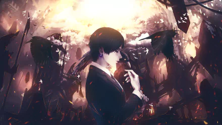This HD desktop wallpaper showcases Chrollo Lucilfer from Hunter x Hunter in a dramatic, fiery background, creating a captivating anime atmosphere.