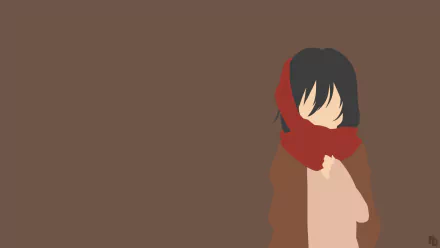 Minimalist HD desktop wallpaper featuring a simplified anime-style portrait of Mikasa Ackerman from Attack on Titan with a red scarf against a brown background.
