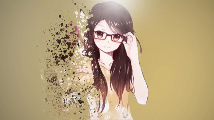 HD desktop wallpaper featuring an anime girl with glasses, long dark hair, and a splash effect on a yellowish background.