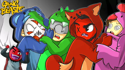 HD desktop wallpaper featuring colorful cartoon characters from the game Gang Beasts in a playful fight.