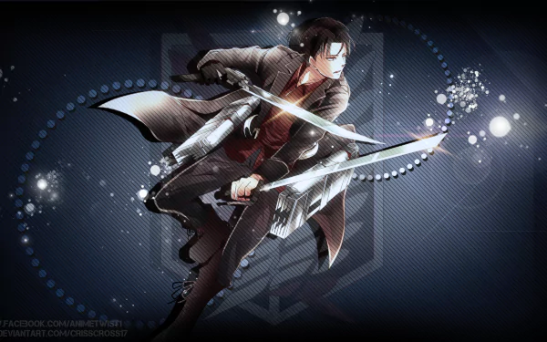 HD desktop wallpaper featuring Levi Ackerman from Attack on Titan, depicted in an action pose with dual blades against a dynamic, glowing background.