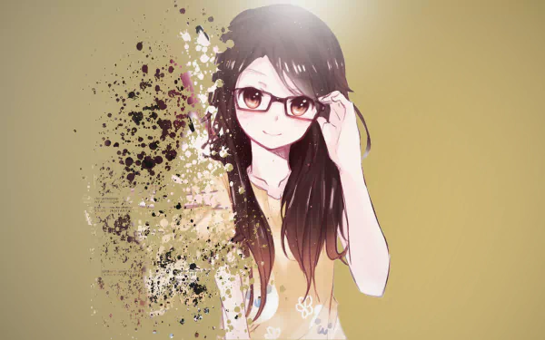 HD desktop wallpaper featuring an anime girl with glasses, long dark hair, and a splash effect on a yellowish background.