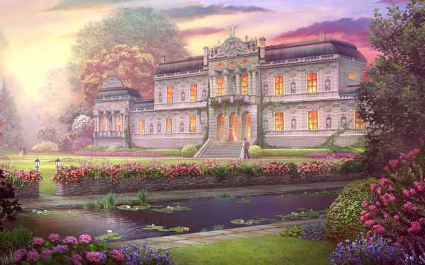 Artistic HD PC desktop wallpaper featuring a stately mansion surrounded by a lush garden with blooming flowers and a serene pond at sunset.