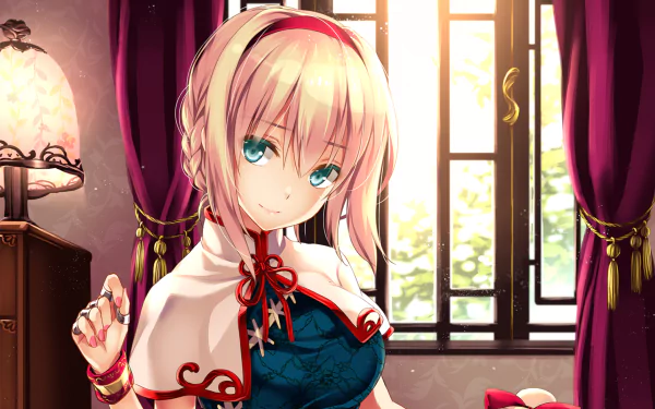 HD desktop wallpaper featuring Alice Margatroid from Touhou. The anime character with blue eyes, a smile, blonde short hair, and a headband stands in front of a window with purple curtains.