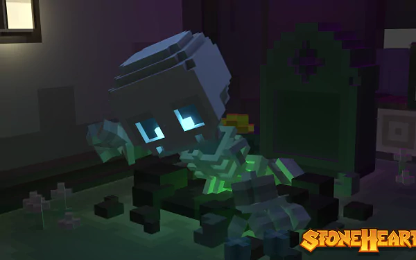 HD desktop wallpaper featuring a Stonehearth game scene with a voxel character by a glowing fireside.