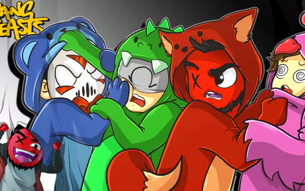 HD desktop wallpaper featuring colorful cartoon characters from the game Gang Beasts in a playful fight.