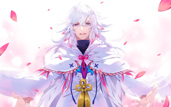 HD wallpaper of Merlin from the Fate/Grand Order anime series, featuring his character in a white and purple robe with pink petals floating around.