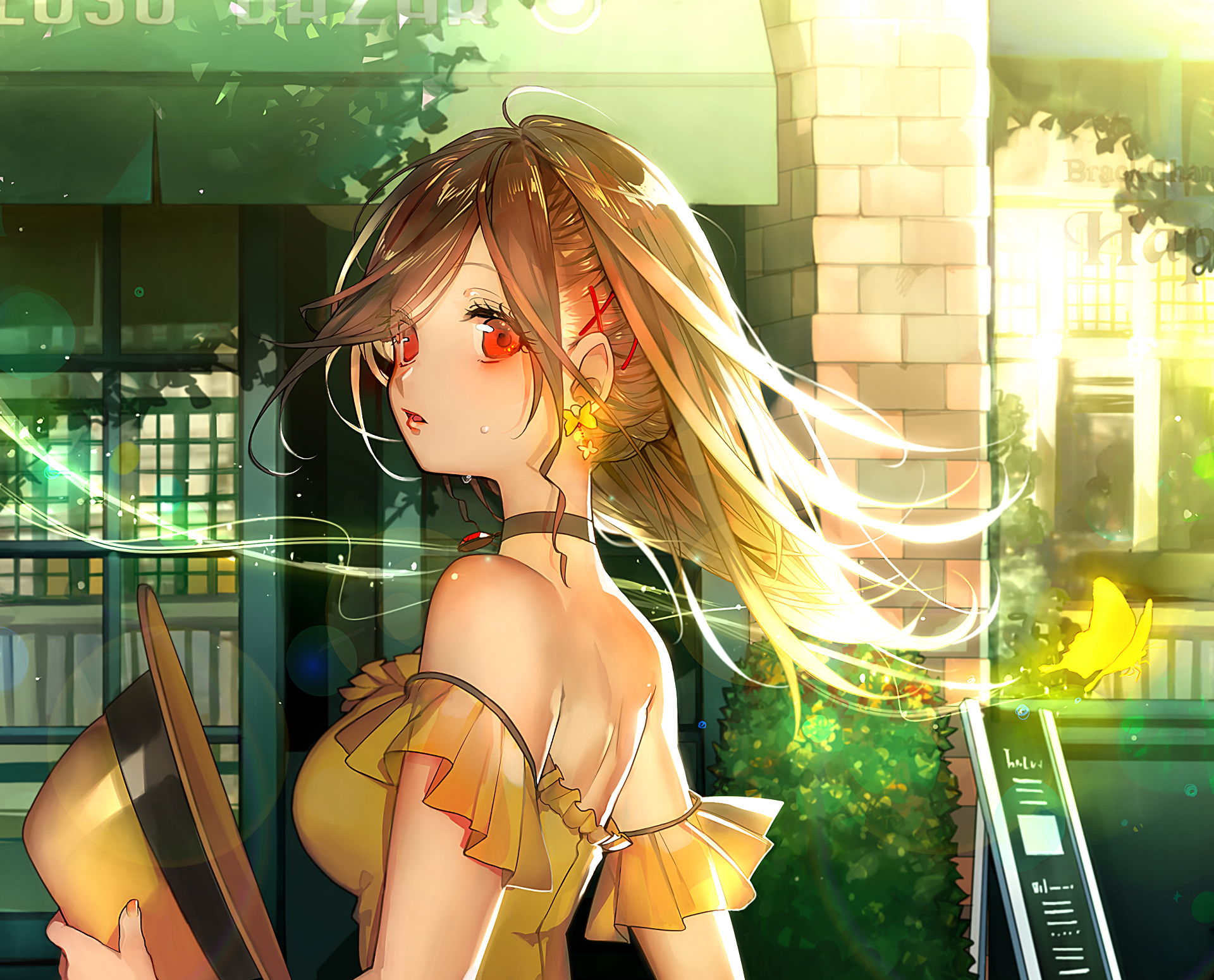 HD desktop wallpaper featuring an anime girl with flowing hair, looking over her shoulder, surrounded by a glowing, sunlit background with green and golden hues.