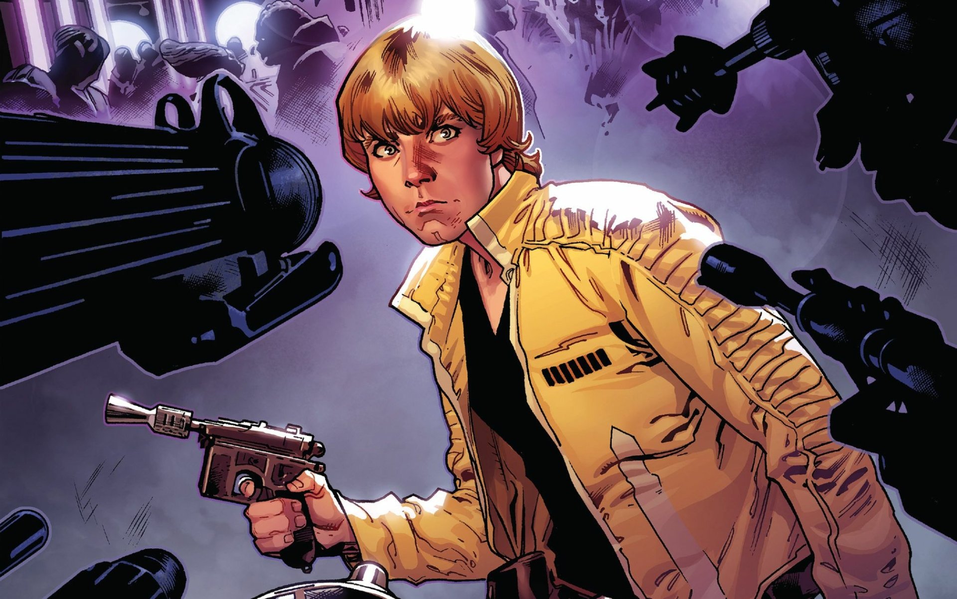 HD PC desktop wallpaper: comic-style Luke Skywalker in a yellow jacket, blaster drawn amid shadowy droids and starfield — Star Wars action background.