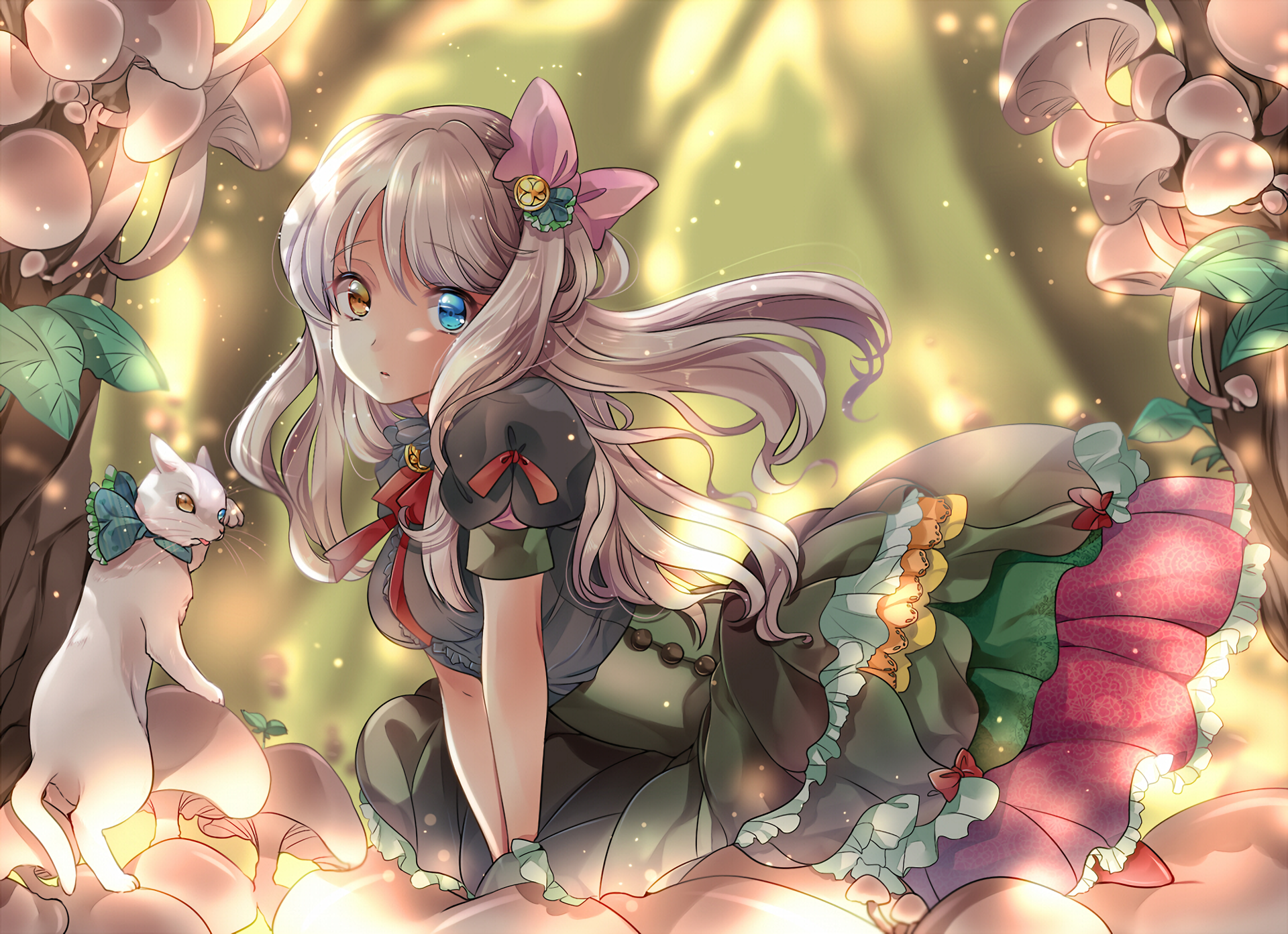 Anime-style wallpaper featuring an original character with long, flowing hair adorned with a bow, sitting amidst a dreamy, glowing forest, accompanied by a white cat. The scene is vibrant and enchanting.