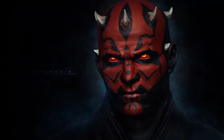 HD desktop wallpaper featuring Darth Maul, the Sith Lord from Star Wars: Episode I - The Phantom Menace, with his iconic red and black facial tattoos and glowing orange eyes.