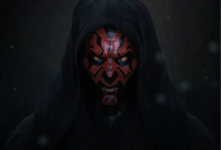 Darth Maul, a Sith character from Star Wars: Episode I - The Phantom Menace, is portrayed with striking yellow eyes and menacing features, set against a dark background.