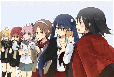 Anime HD PC desktop wallpaper of Kantai Collection: Yura, Natori, Nagara, Kinu, Isuzu, and Abukuma lined up, chatting and smiling in casual school outfits.