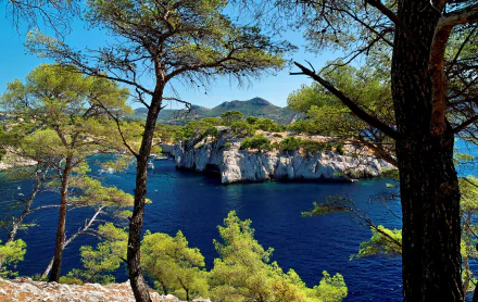 HD desktop wallpaper featuring a stunning Provence coastline in France, showcasing the deep blue sea, rugged cliffs, and lush trees. Nature's beauty captured with vibrant color and serene composition.
