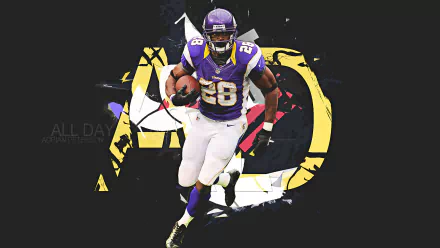 HD wallpaper of Adrian Peterson in purple jersey, number 28, with dynamic abstract elements, captioned 'ALL DAY'.