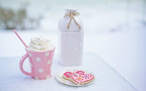 Food Hot Chocolate Cookie Cream Drink Heart-Shaped Pink HD Wallpaper | Background Image