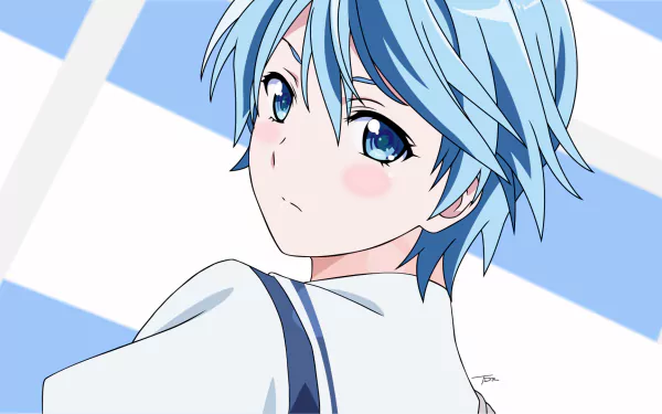 A vibrant HD wallpaper featuring Fuuka Akitsuki, showcasing her with striking blue hair and expressive eyes, set against a soft blue background.