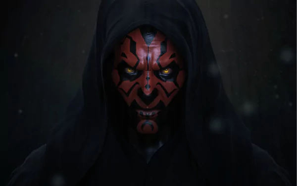 Darth Maul, a Sith character from Star Wars: Episode I - The Phantom Menace, is portrayed with striking yellow eyes and menacing features, set against a dark background.
