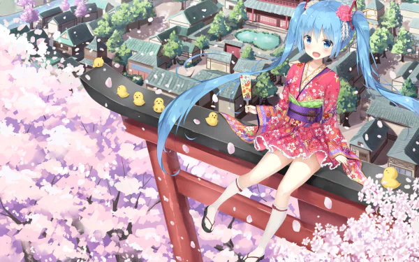 HD desktop wallpaper featuring Hatsune Miku from Vocaloid in anime style, sitting on a red arch amidst cherry blossoms with playful ducklings, overlooking a village.