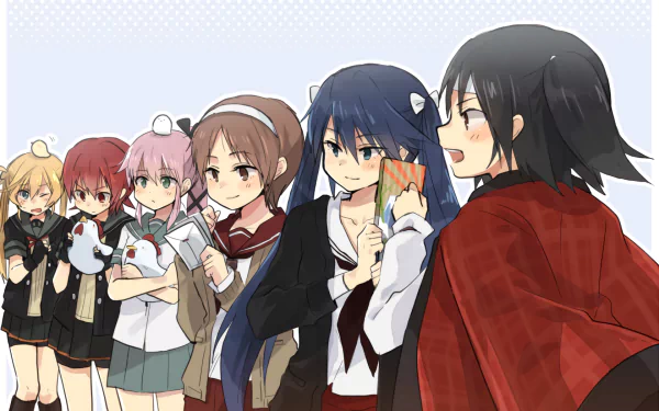 Anime HD PC desktop wallpaper of Kantai Collection: Yura, Natori, Nagara, Kinu, Isuzu, and Abukuma lined up, chatting and smiling in casual school outfits.