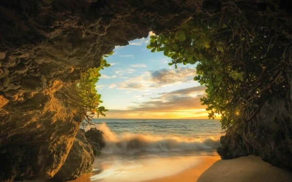 Earth Cave Caves Beach Ocean Sea Sunset Horizon HD Wallpaper | Background Image