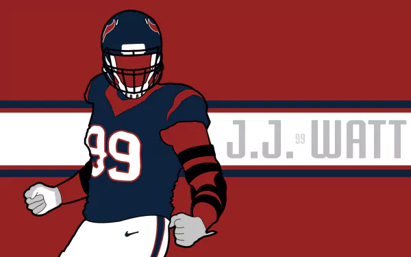 HD desktop wallpaper featuring an illustrated J.J. Watt in football gear against a red and blue striped background.