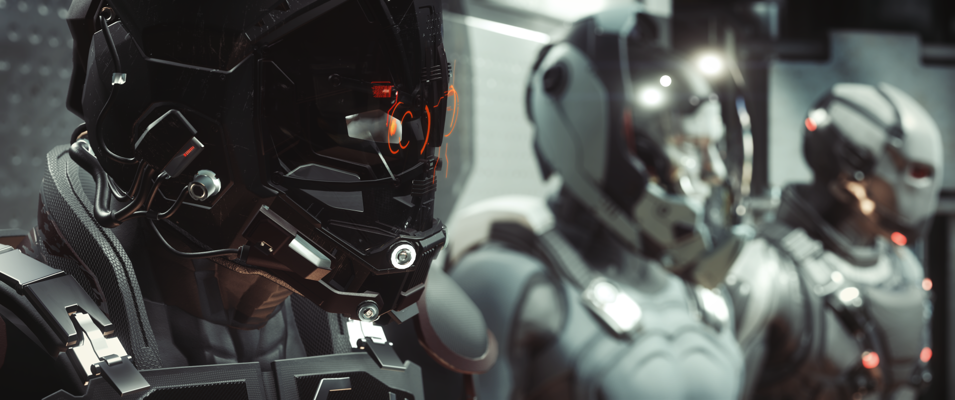 Close-up of two futuristic pilots in detailed helmets and suits from the video game Star Citizen, rendered in 4K Ultra HD for PC desktop wallpaper.