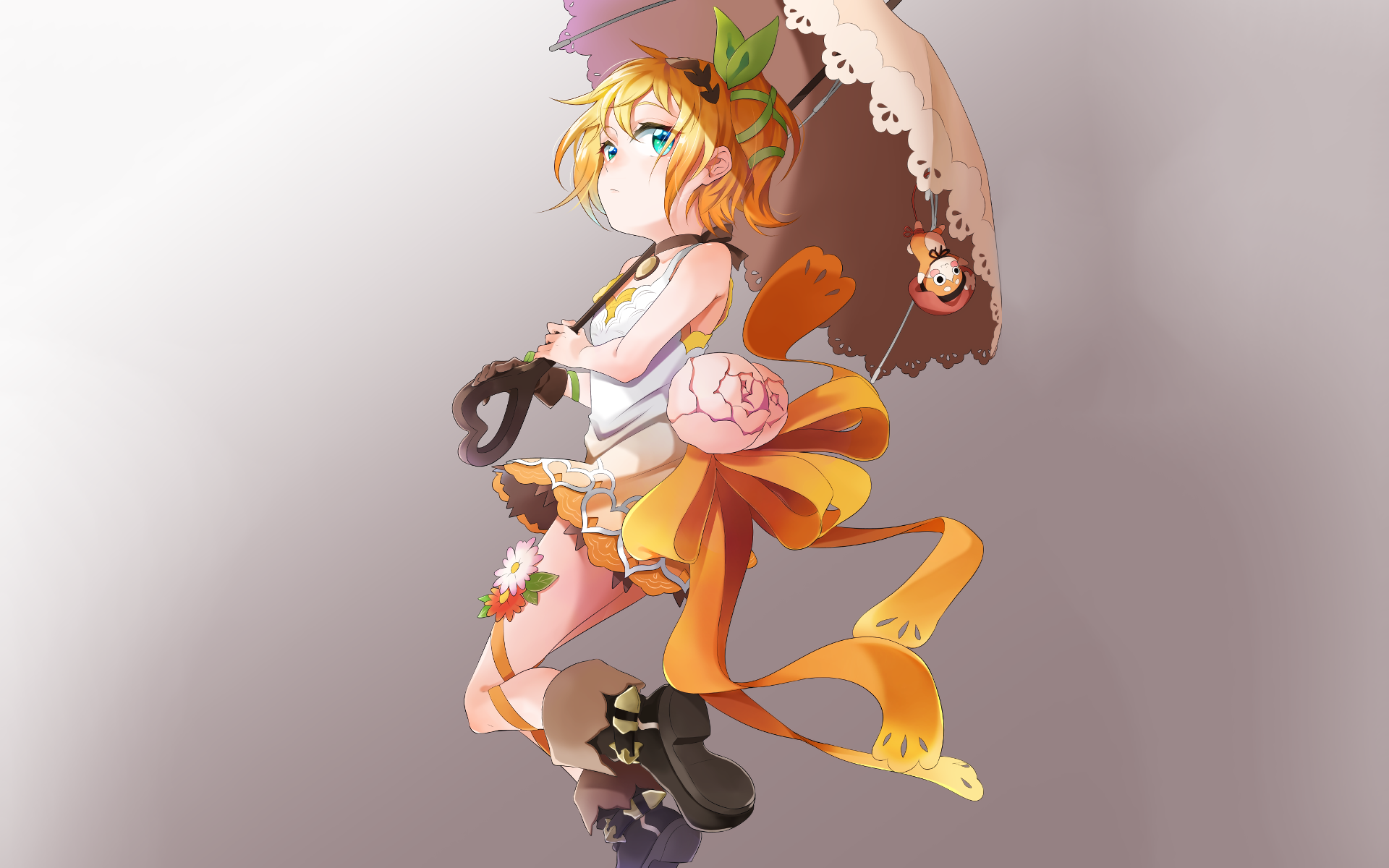 HD anime desktop wallpaper featuring a character from Tales of Zestiria the X holding a parasol, dressed in vibrant orange and white attire with a soft gradient background.