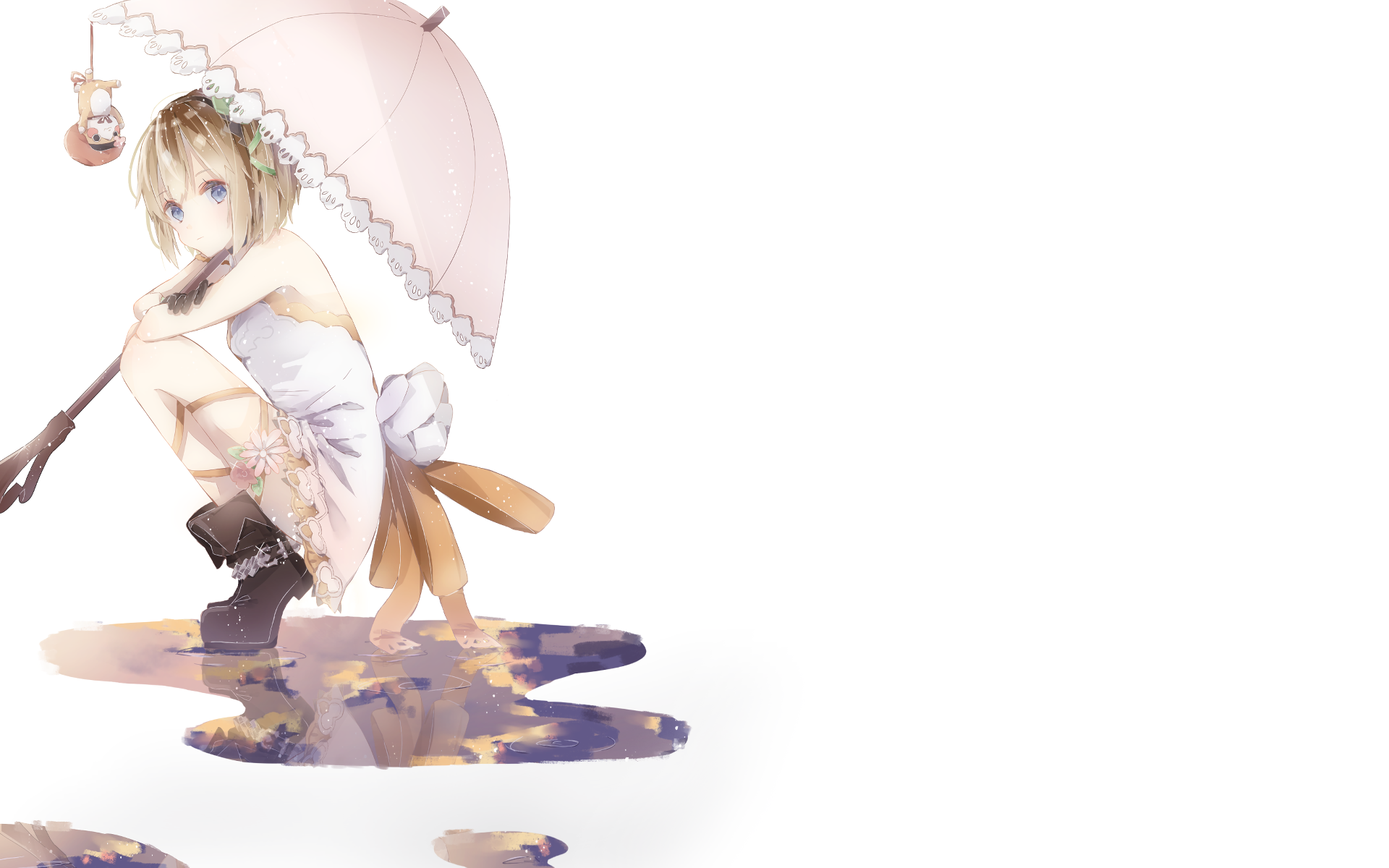 Anime-style HD PC desktop wallpaper featuring a character from Tales of Zestiria the X holding a parasol, with soft pastel colors and artistic reflections.