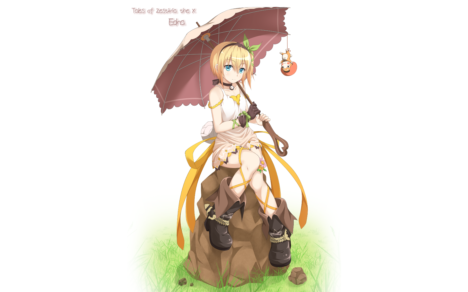 HD PC desktop wallpaper featuring an anime character from Tales of Zestiria the X, sitting on a rock holding a parasol with a small floating ornament.