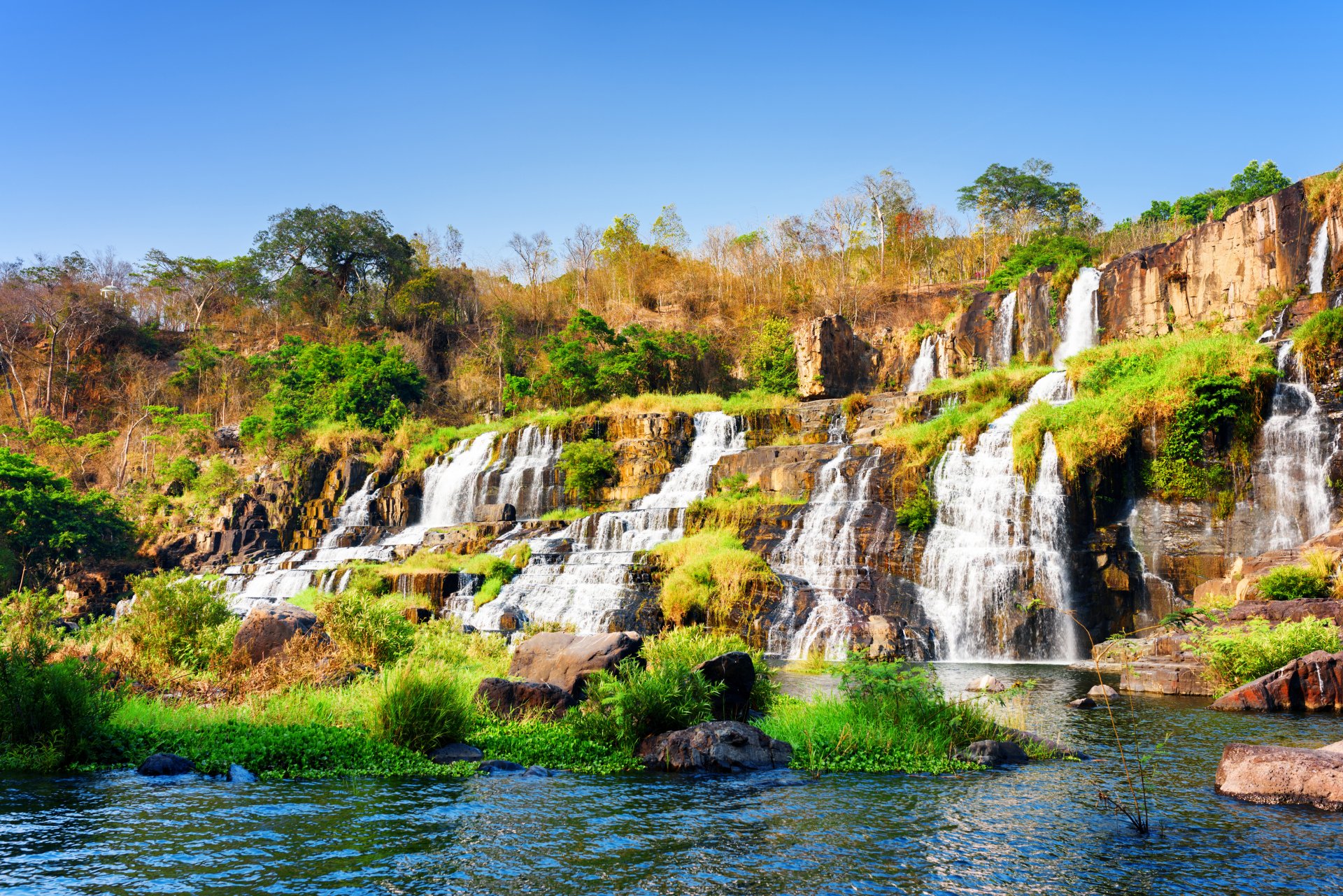 A vibrant 4K Ultra HD wallpaper of Pongour Waterfall in Vietnam showcasing cascading water over rocky cliffs surrounded by lush greenery and clear blue sky.