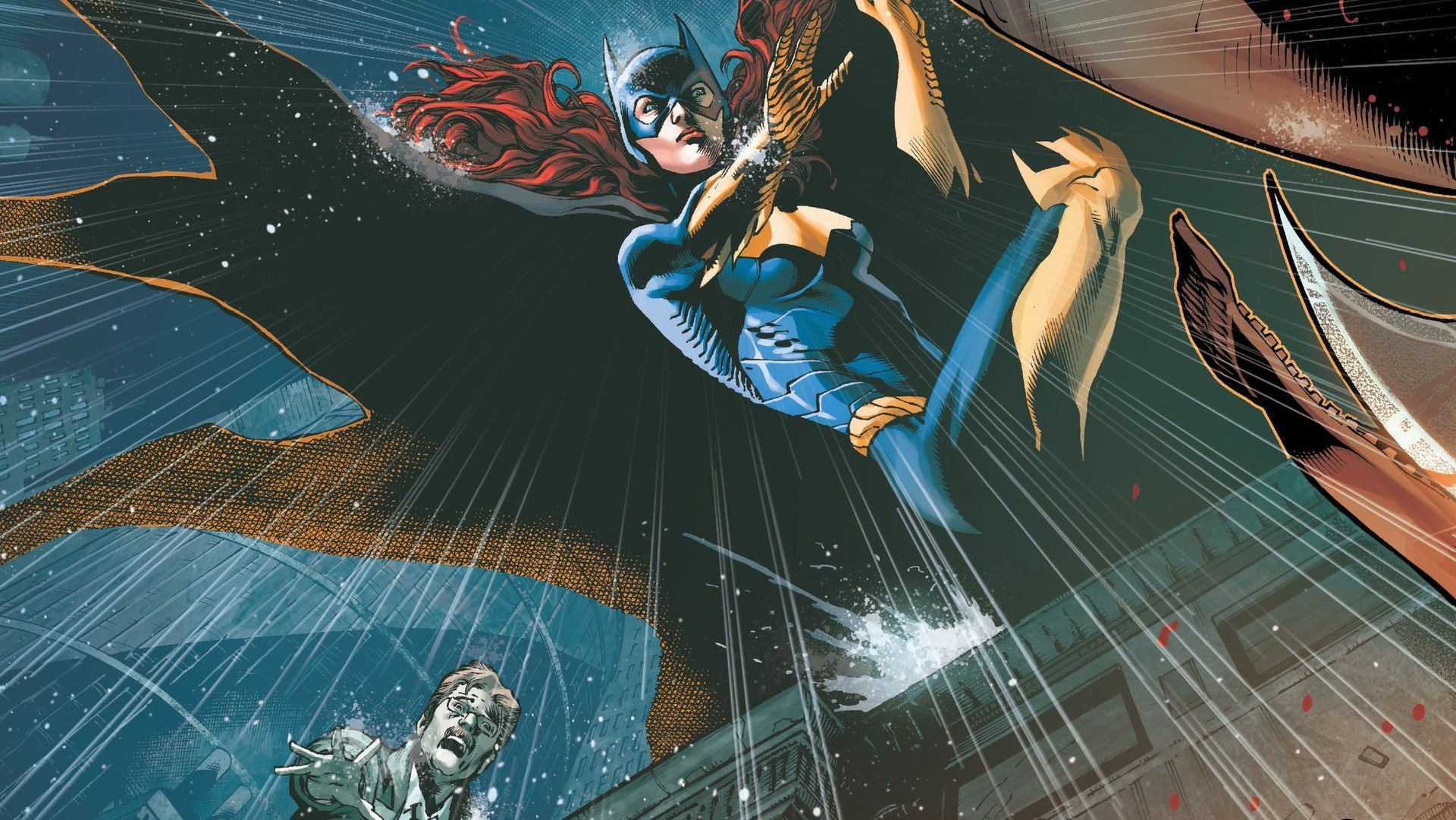 Comic-style HD PC desktop wallpaper/background of Batgirl swooping through rain with cape spread wide, red hair streaming and city lights below.