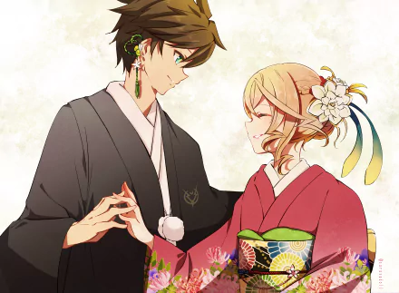 Anime HD PC Desktop Wallpaper from Tales of Zestiria the X featuring two characters dressed in traditional Japanese attire sharing a moment.