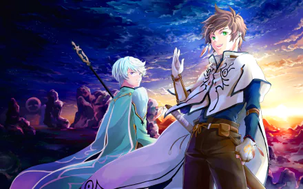 Anime wallpaper featuring Sorey and Mikleo from Tales of Zestiria the X, set against a vibrant, fantastical landscape with a dramatic sky.