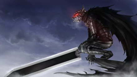 HD wallpaper of Guts from the anime Berserk, showcasing him in his Berserker Armor with a massive sword against a dark, stormy sky background.