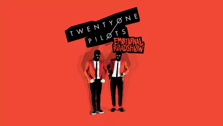 HD wallpaper featuring the logo of Twenty One Pilots with two figures dressed in red and black on a vibrant red background.