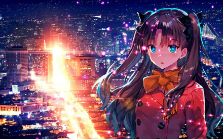 HD PC desktop wallpaper of Rin Tohsaka from Fate/Stay Night, featuring vibrant city lights and detailed anime art style against a night urban backdrop.