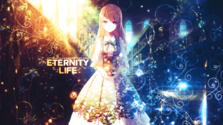 HD anime original desktop wallpaper featuring a girl holding a glowing orb, with contrasting warm and cool colors and the text Eternity Life in the background.