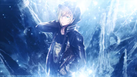 HD desktop wallpaper of a character from the anime Yuri!!! on ICE, featuring a blonde person in a hooded jacket against an icy, ethereal background.
