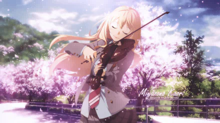 HD desktop wallpaper featuring Kaori Miyazono from the anime Your Lie in April, playing a violin amid a backdrop of cherry blossoms under a clear sky.