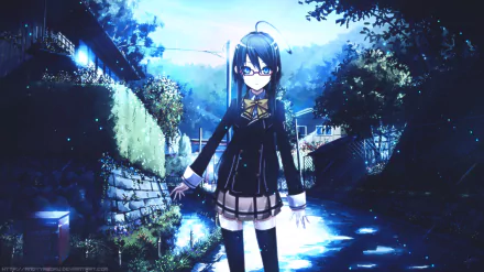 HD PC desktop wallpaper featuring an original anime character with glasses standing on a moonlit path surrounded by trees and stone walls.