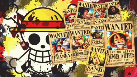 HD PC desktop wallpaper featuring One Piece anime's iconic Straw Hat Pirates wanted posters overlaid on the series' Jolly Roger symbol with a grunge background.