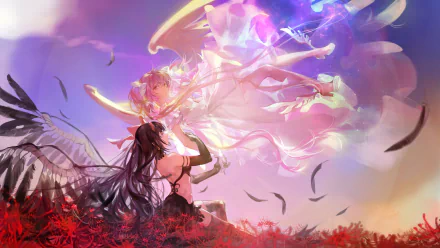 HD PC desktop wallpaper featuring Homura Akuma, Homura Akemi, Ultimate Madoka, and Madoka Kaname from the anime Puella Magi Madoka Magica in a vivid, dynamic scene.