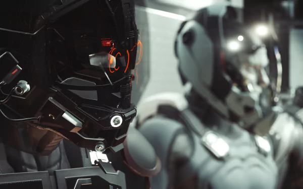 Close-up of two futuristic pilots in detailed helmets and suits from the video game Star Citizen, rendered in 4K Ultra HD for PC desktop wallpaper.