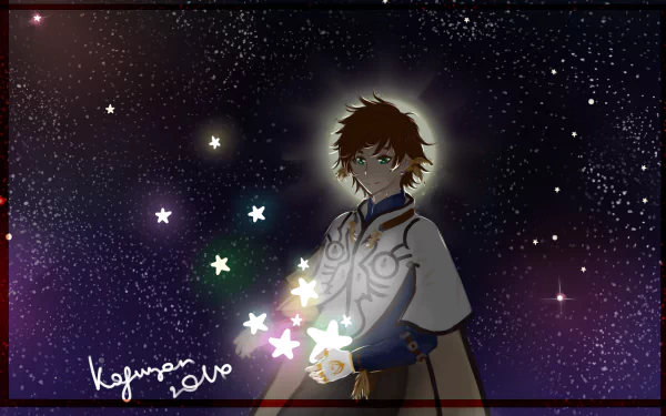 Anime HD PC desktop wallpaper and background — Tales of Zestiria the X character in a white cloak holds glowing star-like orbs against a vast cosmic starfield.