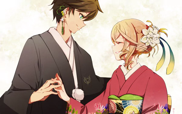 Anime HD PC Desktop Wallpaper from Tales of Zestiria the X featuring two characters dressed in traditional Japanese attire sharing a moment.
